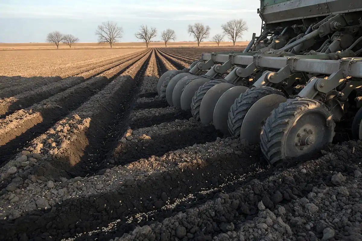 Grain drill seeding oats shallow into a firm spring seedbed, showing the shallow depth used for oat hay planting