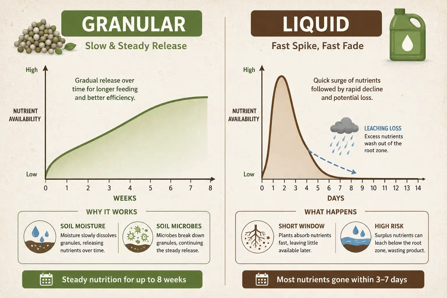 Timeline comparing granular organic fertilizer releasing over eight weeks against liquid organic fertilizer for vegetables spiking in three days then leaching