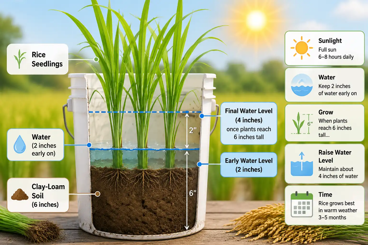 Cross-section diagram of how to grow rice at home in a bucket, with soil depth and correct standing water levels labeled.