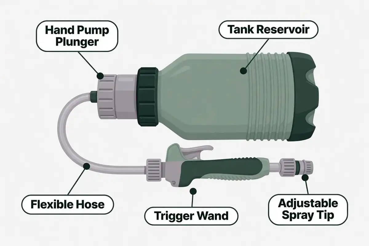 Diagram labeling the five parts of a handheld pump sprayer: tank, pump, hose, wand, and spray tip