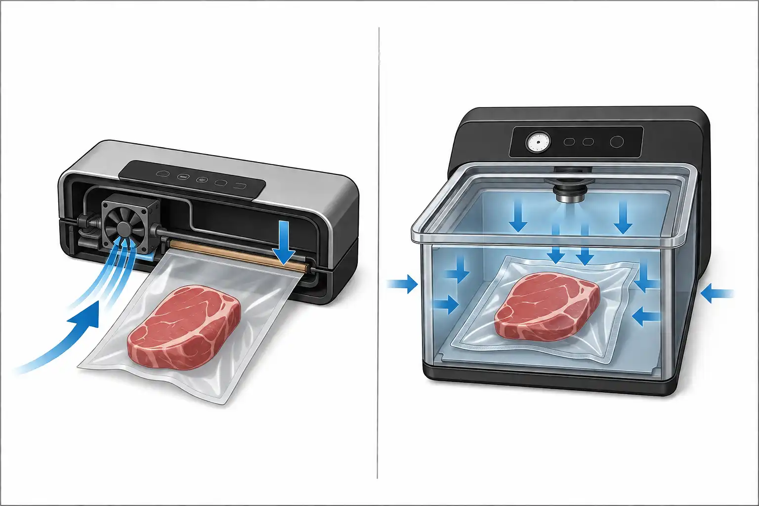 Cutaway diagram comparing a chamber vs external vacuum sealer, showing air pulled through the bag opening on one side and pressure dropped around the whole bag on the other