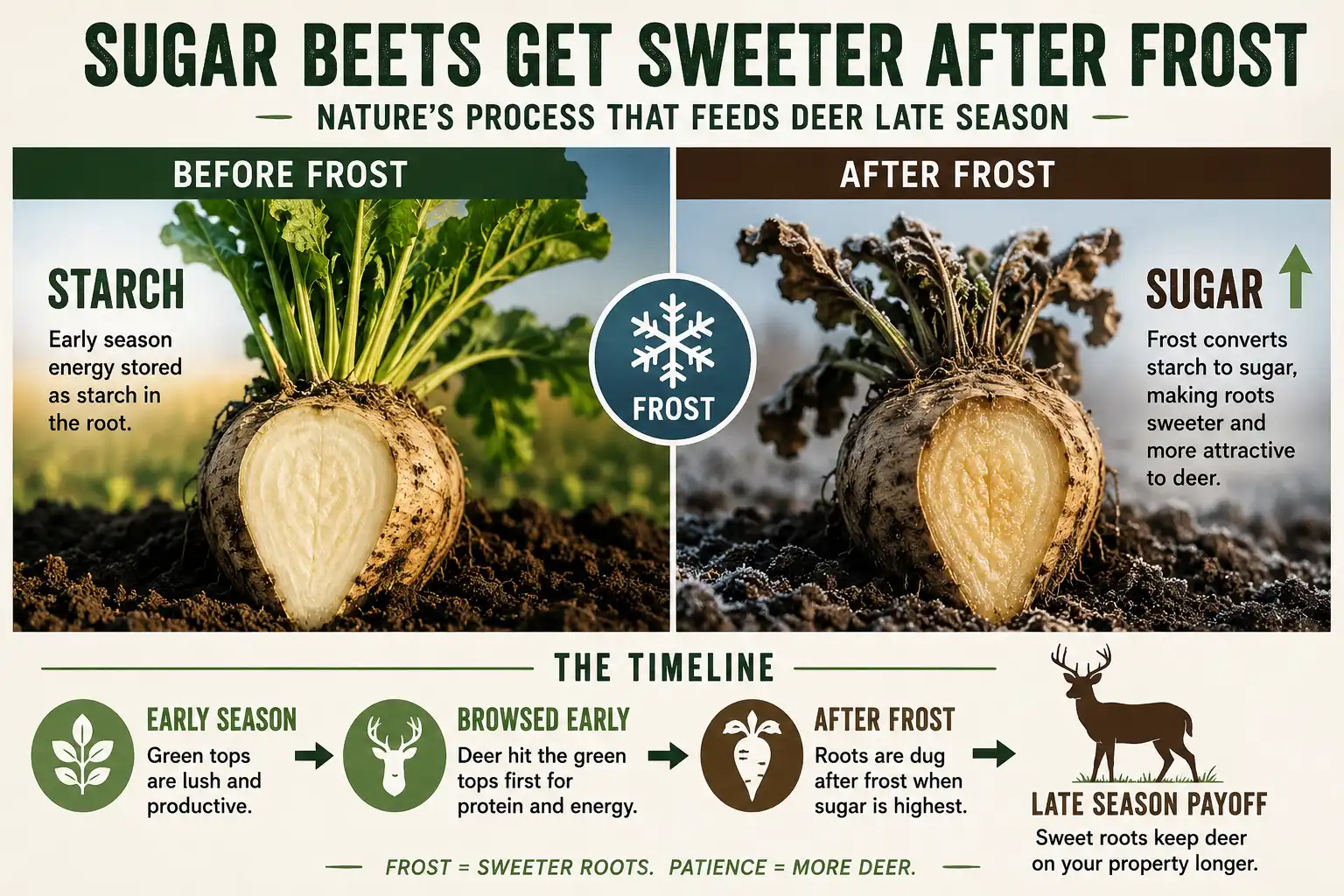 Infographic showing frost converting sugar beet root starch to sugar and deer feeding on tops early then roots after frost