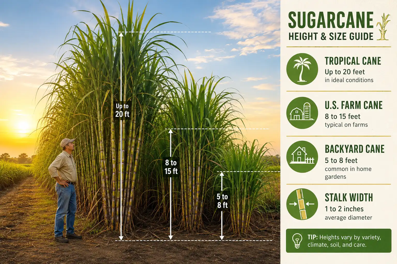 Infographic about how tall sugarcane grows, up to 20 feet in the tropics and 8 to 15 feet on US farms.