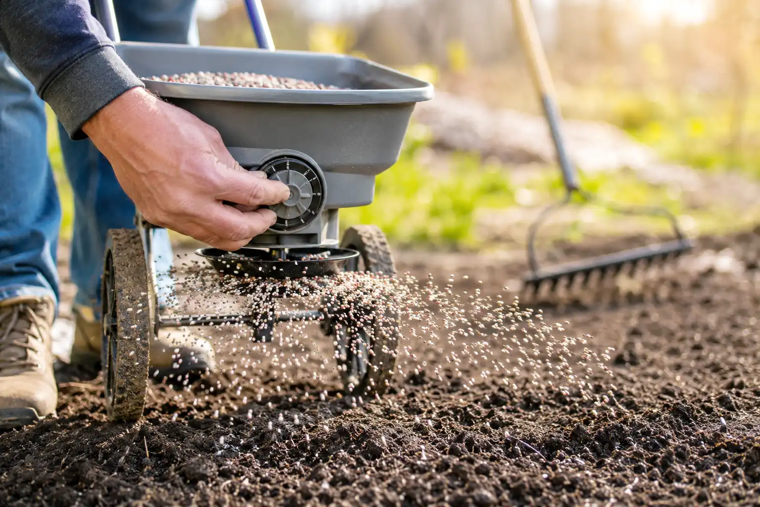 Applying 12-12-12 fertilizer with a broadcast spreader over garden soil
