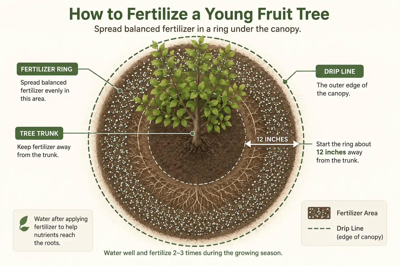 Diagram about 15-15-15 fertilizer spread from a foot off the trunk to the drip line of a young fruit tree