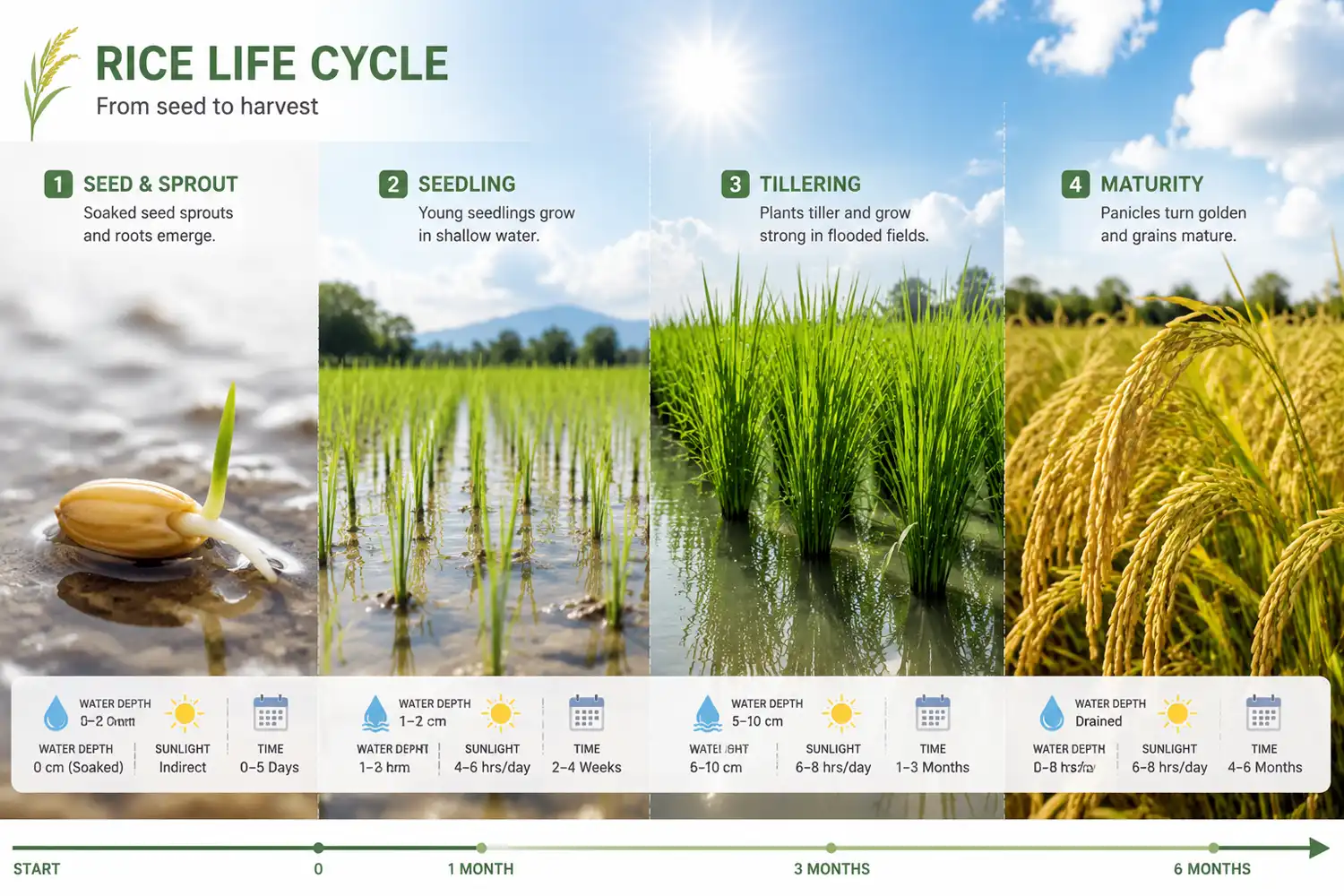 Rice life cycle infographic of how to grow rice from seed to harvest