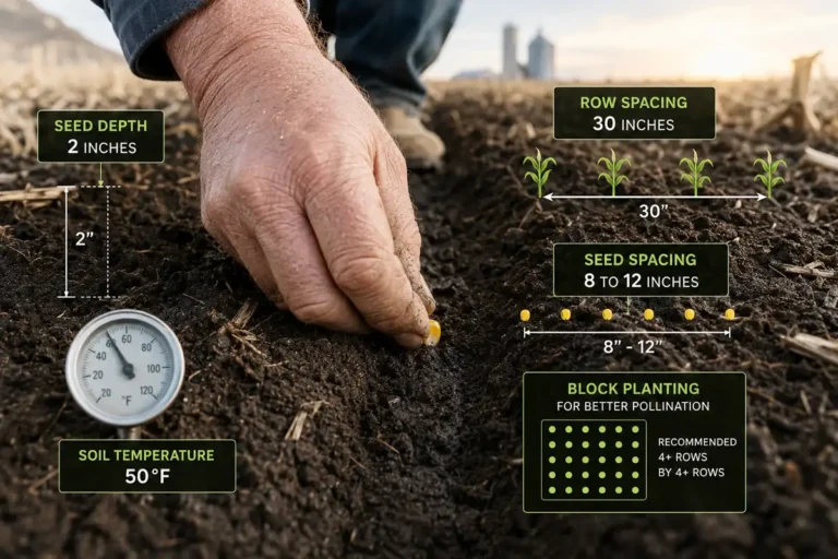 Plant corn seed about 2 inches deep, in 30-inch rows, in 50-degree soil, using a block layout for pollination.