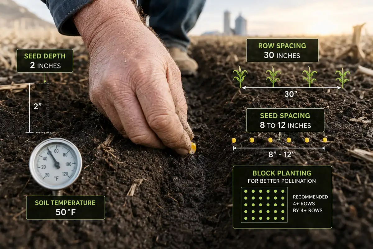 Plant corn seed about 2 inches deep, in 30-inch rows, in 50-degree soil, using a block layout for pollination.