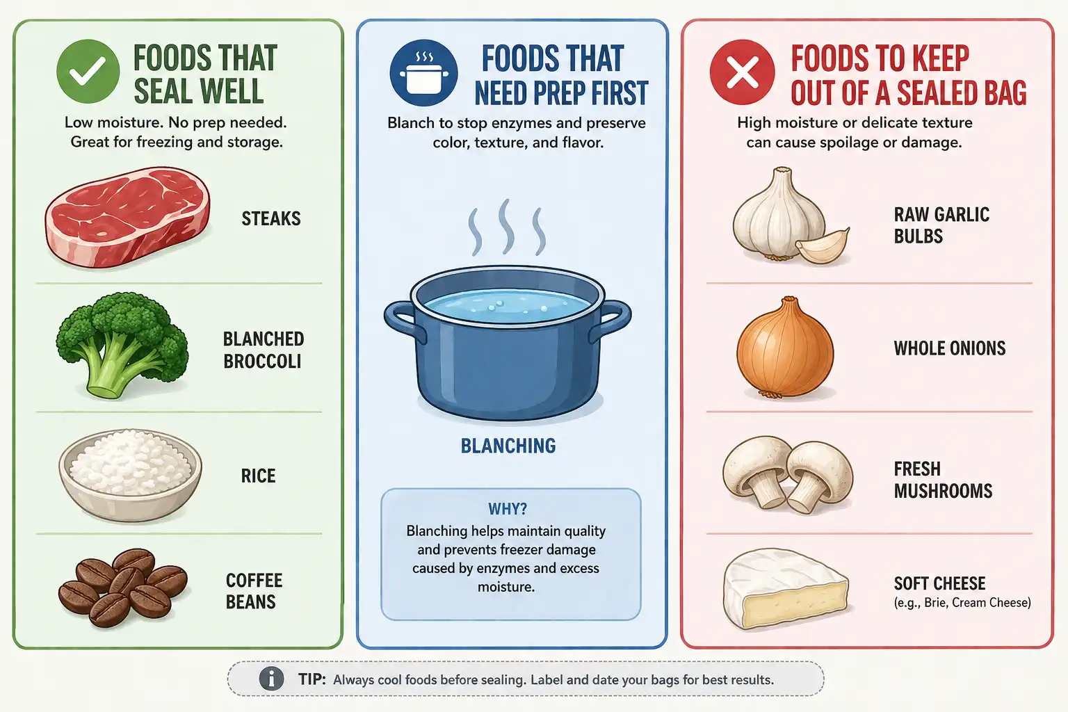 Infographic of what you can and can’t vacuum seal, with foods that seal well, foods that need blanching first, and raw garlic, onions, mushrooms and soft cheese to avoid