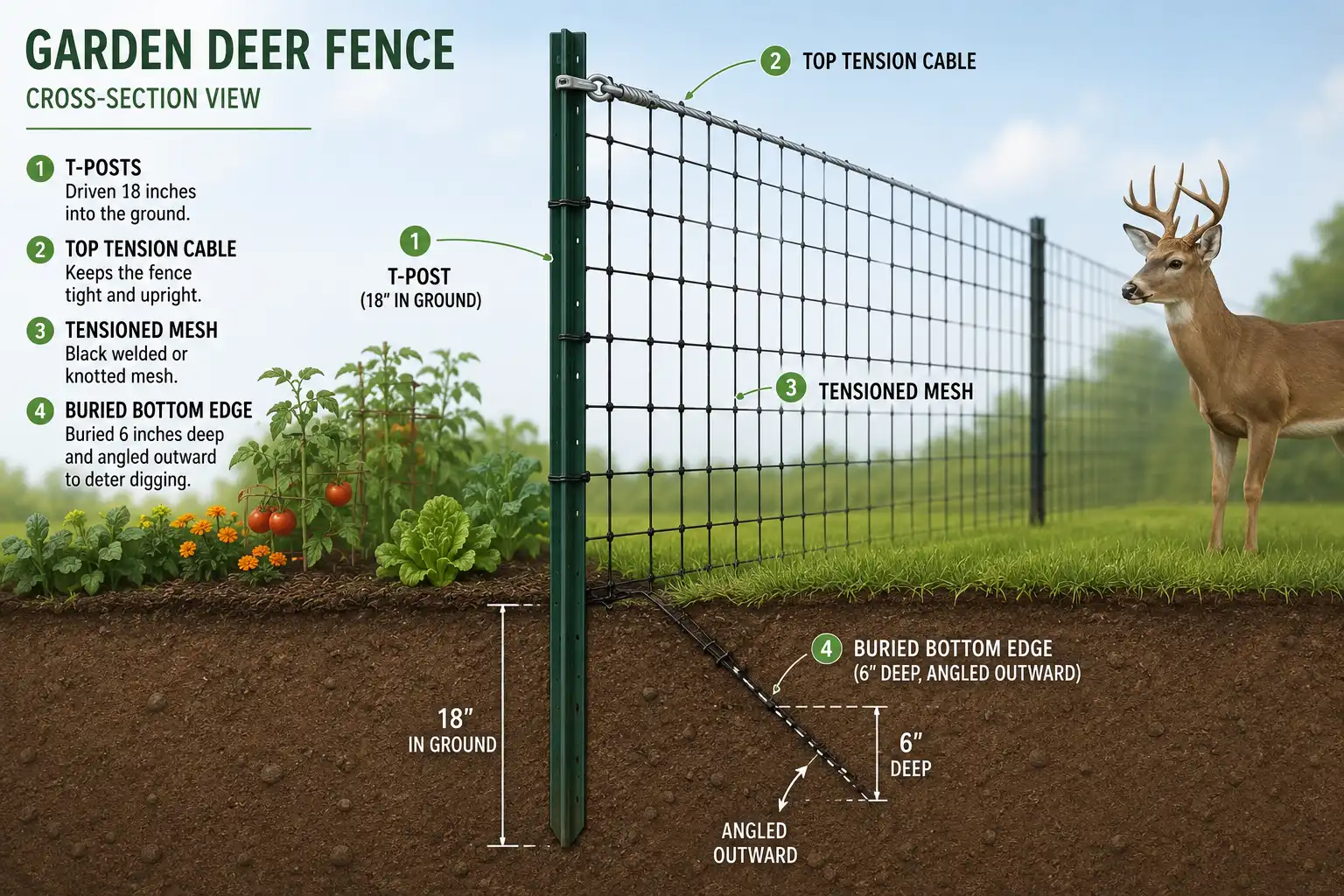 Diagram of how to install and seal the bottom of deer fencing for gardens by burying and angling the mesh outward