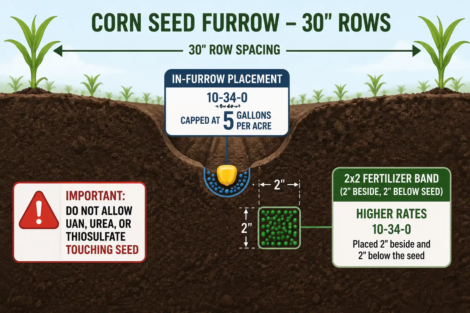 Diagram of safe in-furrow and 2×2 liquid starter fertilizer placement and rates for corn