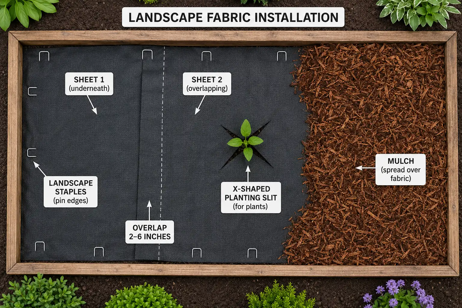 Installing landscape fabric with overlapping seams, staples, planting slits, and mulch on top