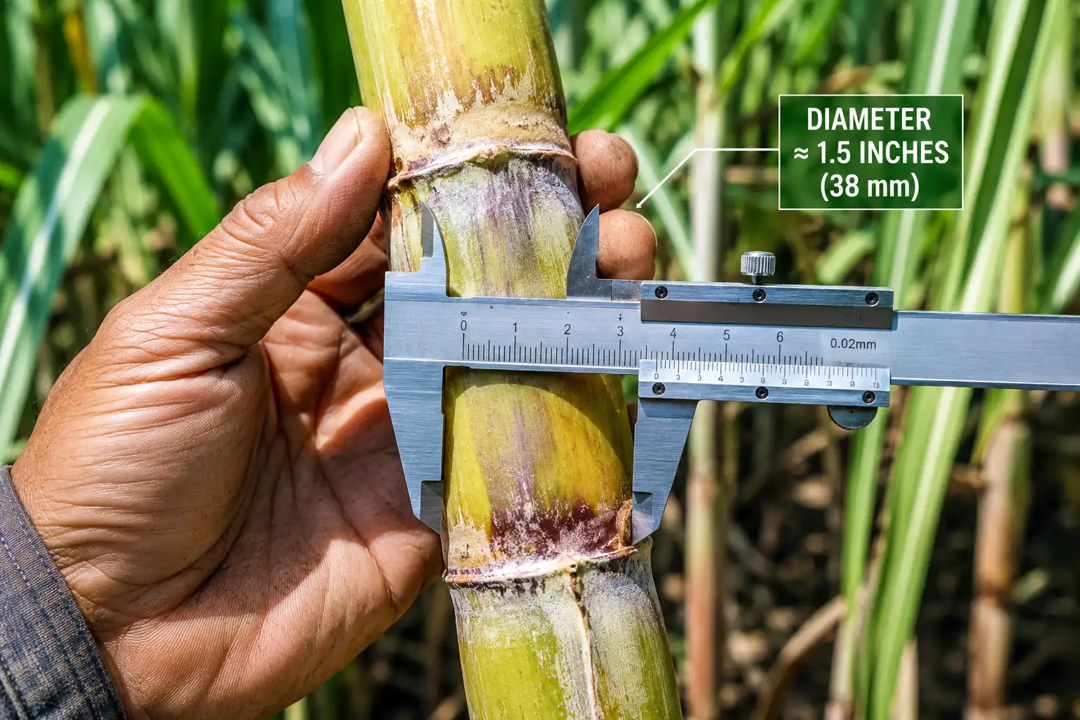 Close-up of a mature sugarcane stalk showing nodes and a stalk diameter near 1.5 inches.