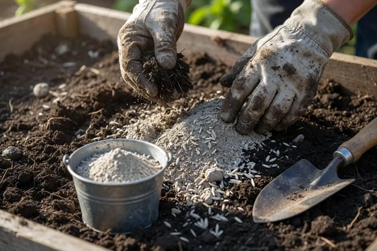 Farmer working rice husk ash into dark raised-bed soil, showing how to apply it as a soil amendment