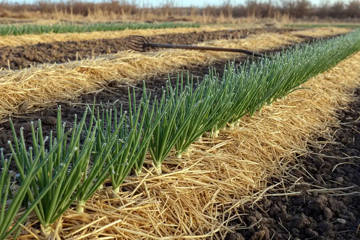 Green onion clumps mulched with straw to overwinter in a Kansas garden bed during light frost