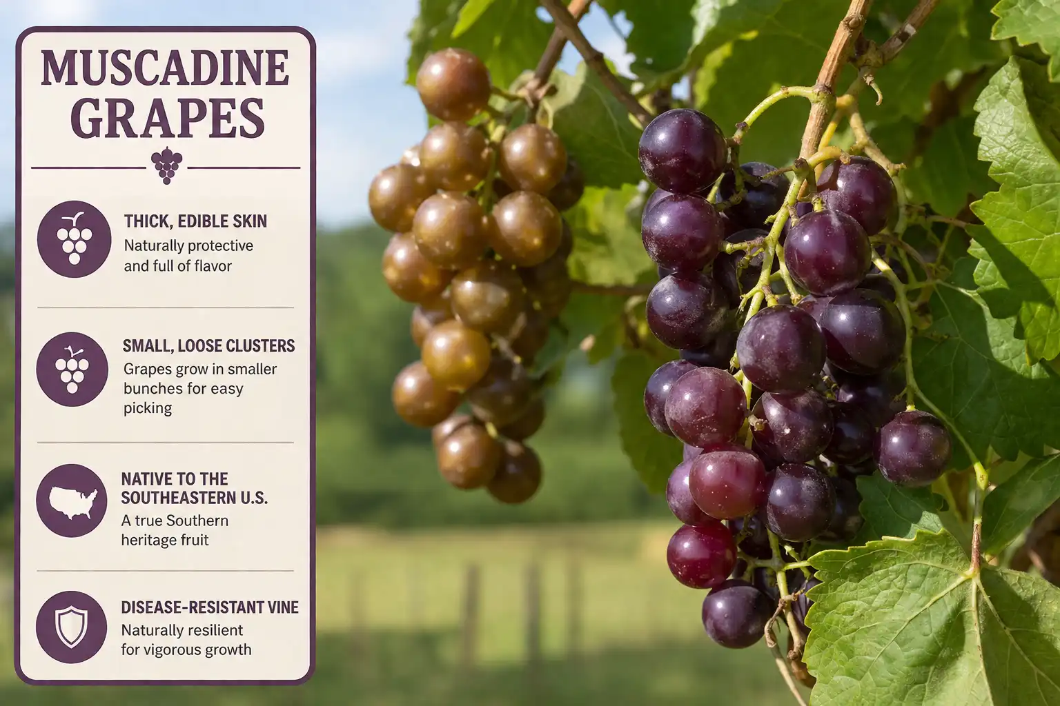 Bronze and black muscadine grapes on the vine