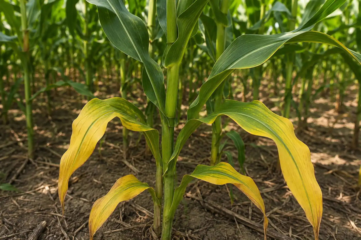 Nitrogen deficient corn of yellow V shaped lower leaves, a sign corn needs more nitrogen per acre