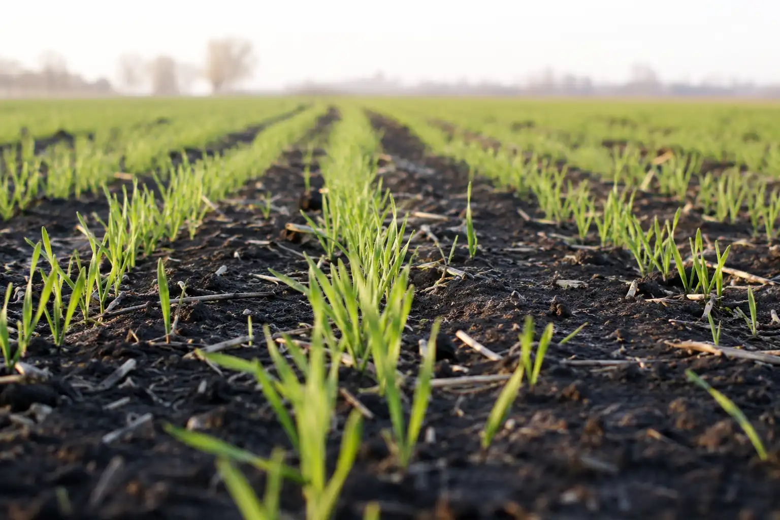 Young oat seedlings emerging in rows about seven to ten days after planting in a Kansas field