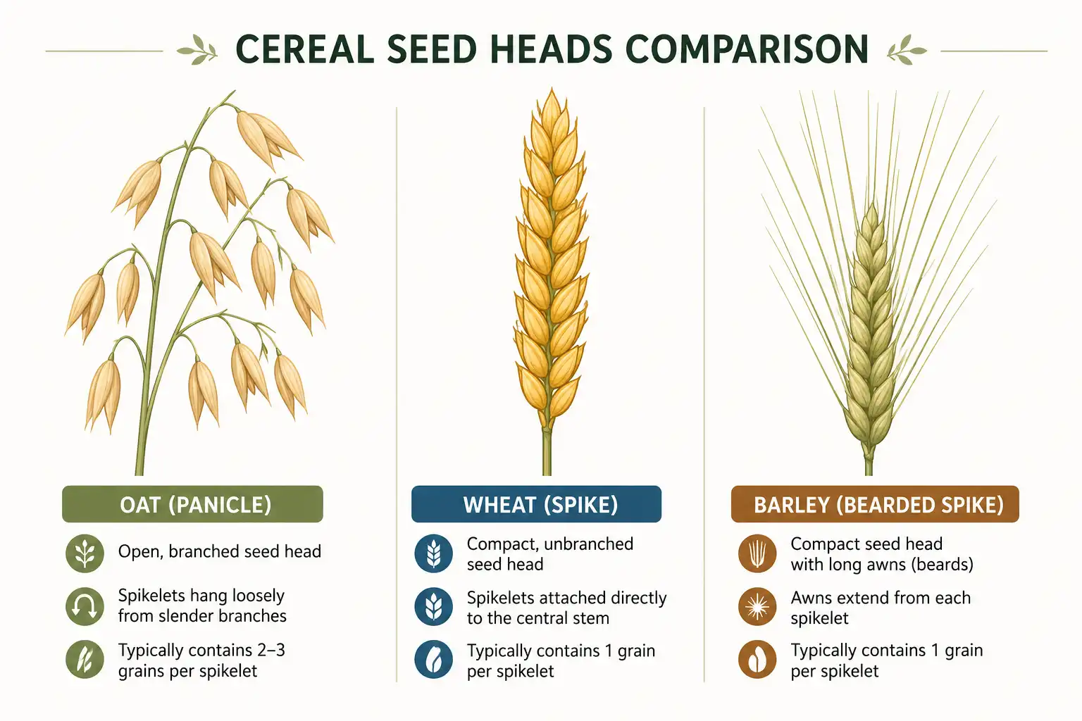 Infographic comparing oat, wheat, and barley seed heads, showing the open oat panicle versus wheat and barley spikes