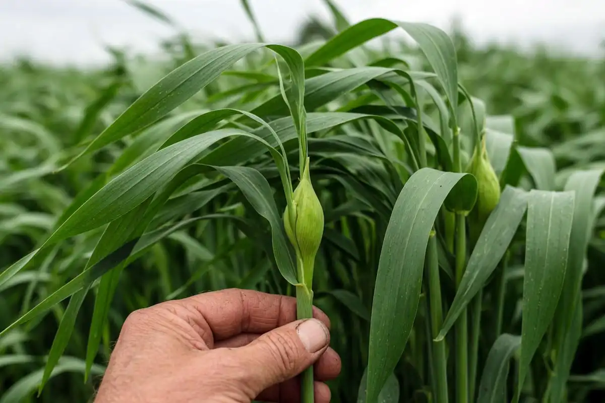 Oat plants at the boot stage with swollen sheaths before heading, the ideal growth stage to cut oats for hay