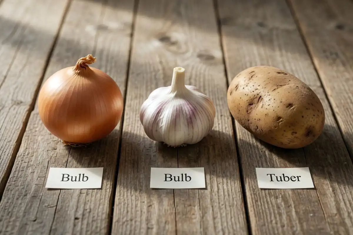 Onion, garlic bulb, and potato of two bulbs and one tuber side by side with simple labels
