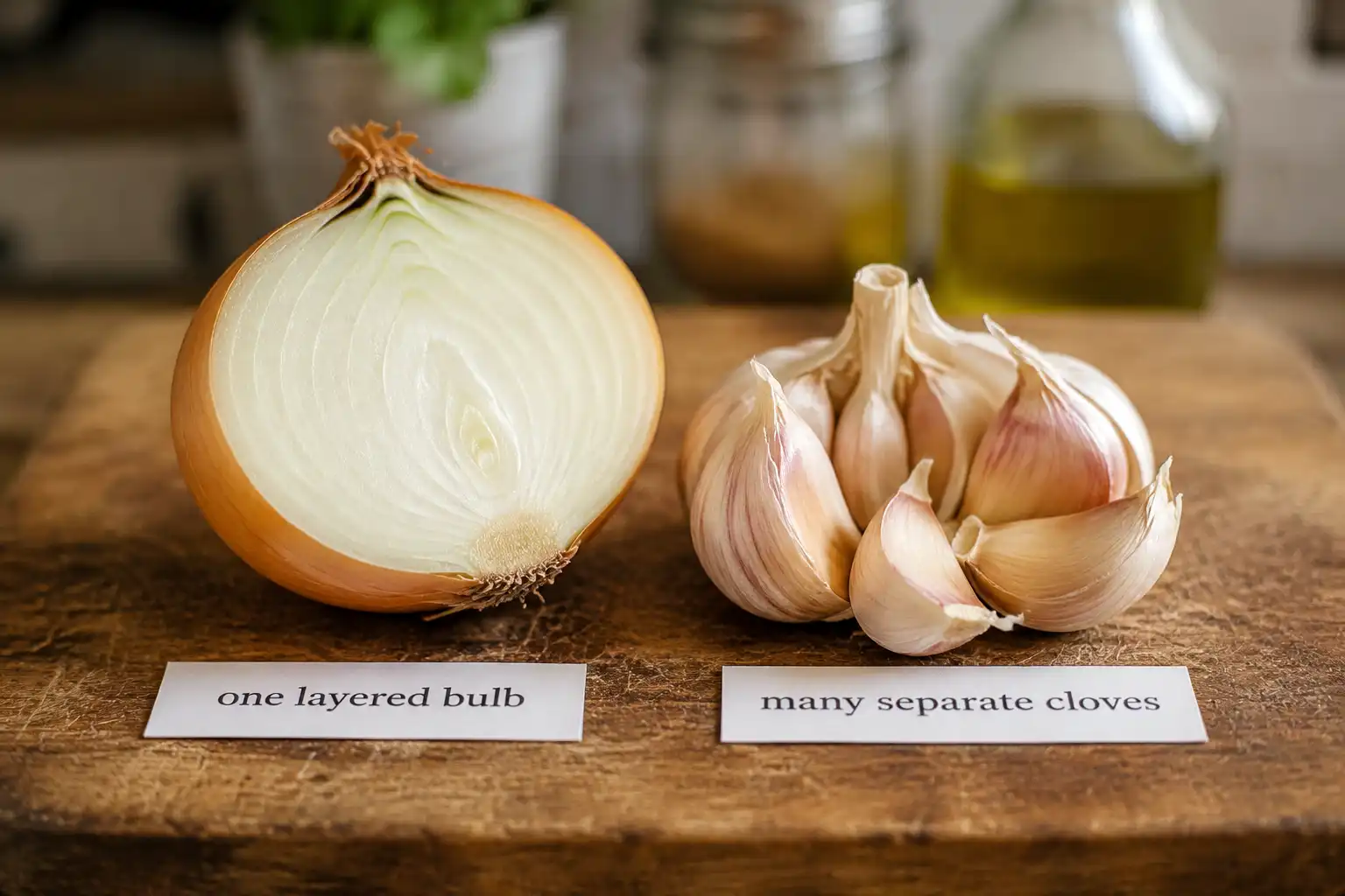 comparing an onion’s layered rings to a garlic head made of separate cloves
