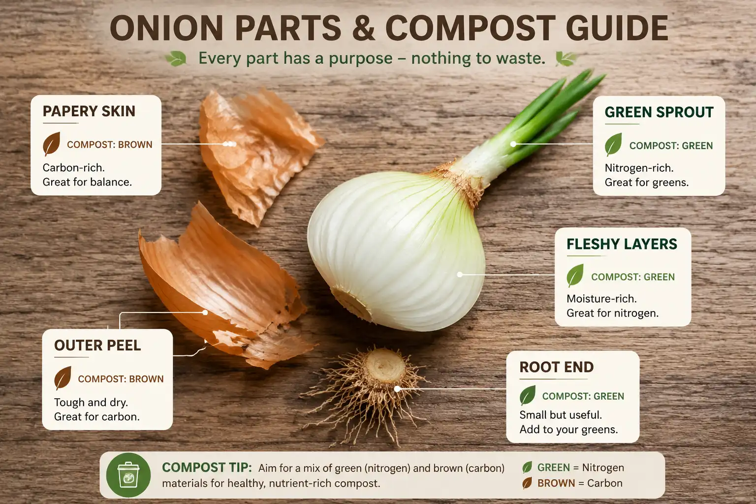Diagram of which onion parts you can compost, including peels, skins, flesh, and root ends