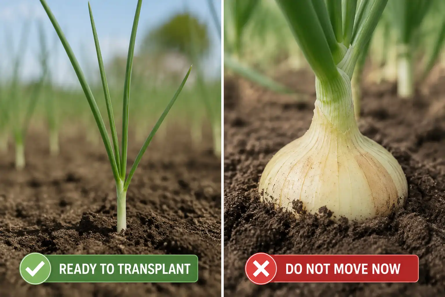 Comparison of a pencil-thick onion seedling ready to transplant next to a bulbing onion that should not be moved.