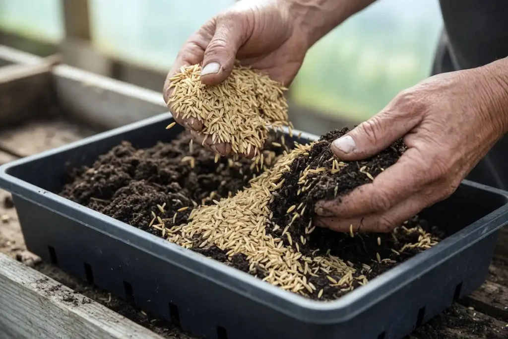 Parboiled rice hulls being mixed into potting soil as a perlite alternative