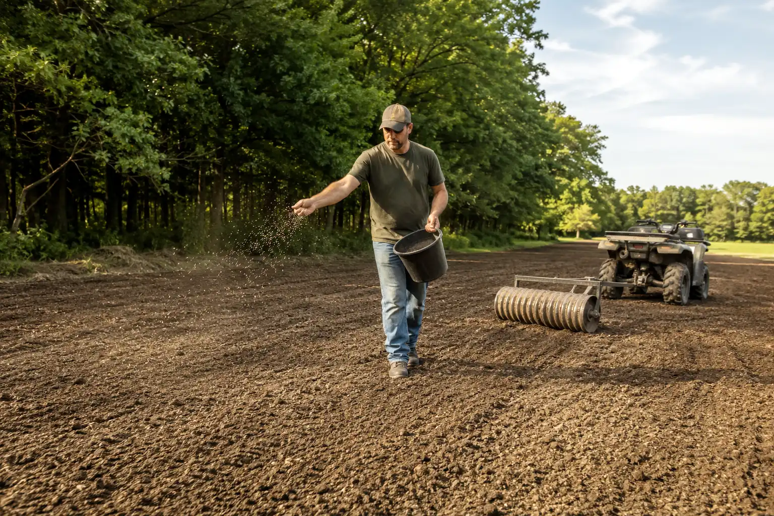 Farmer broadcasting sugar beet seed on a firm tilled food plot seedbed for deer in summer
