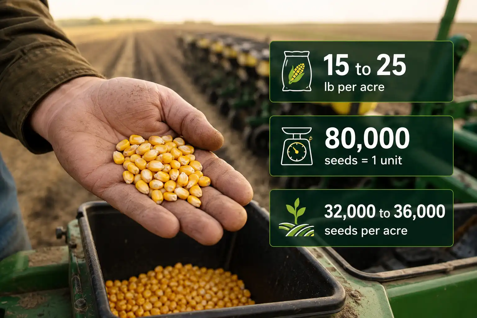 Infographic of how many pounds of corn seed per acre, with seed counts and weight ranges over a Kansas planting scene