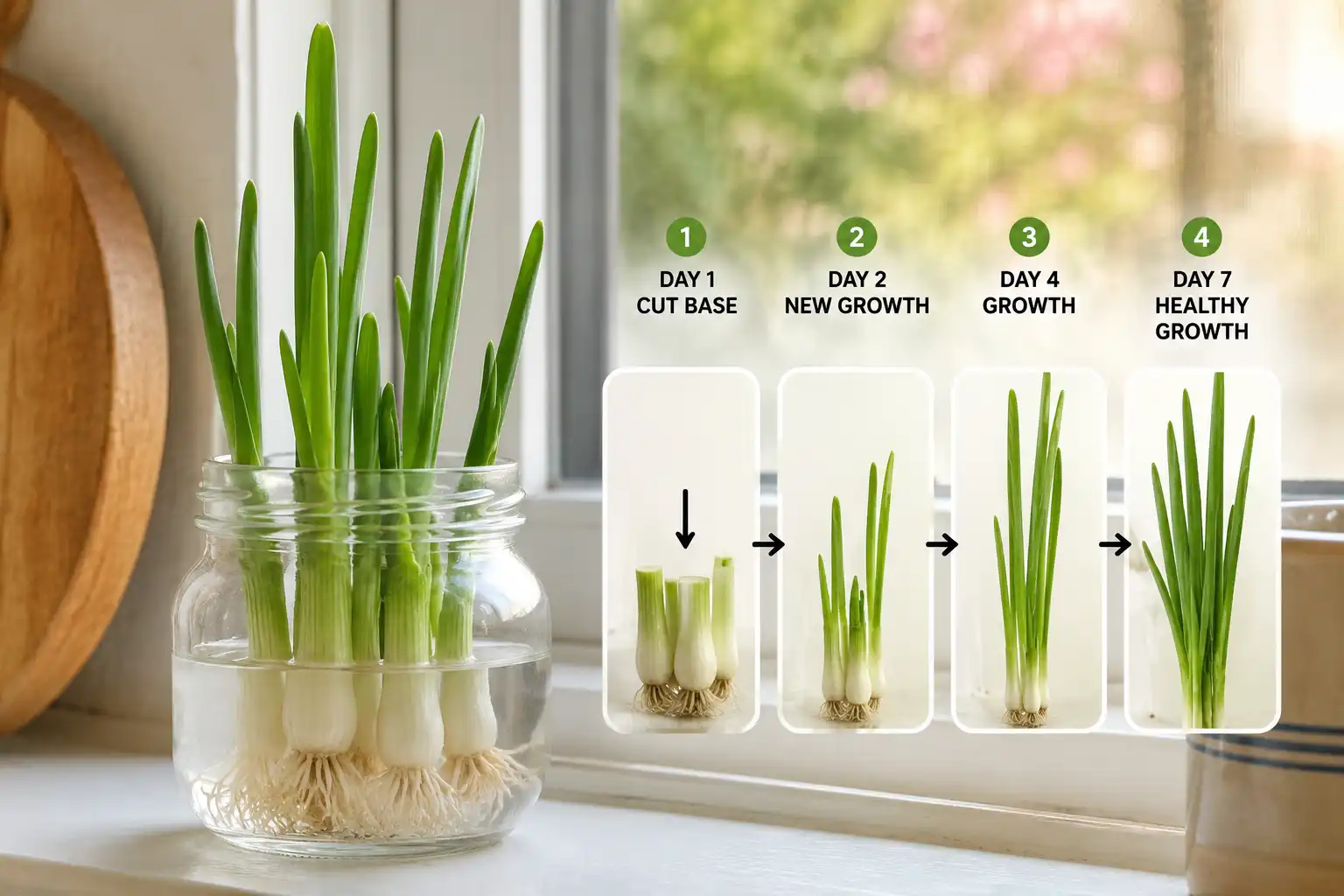 Green onion root ends regrowing new shoots in a glass of water on a sunny windowsill