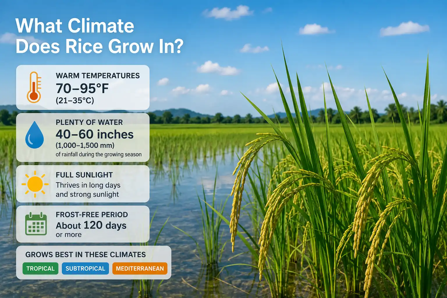 Infographic of what climate does rice grow in, with warm temperatures, high water, and a frost-free growing season over a flooded paddy