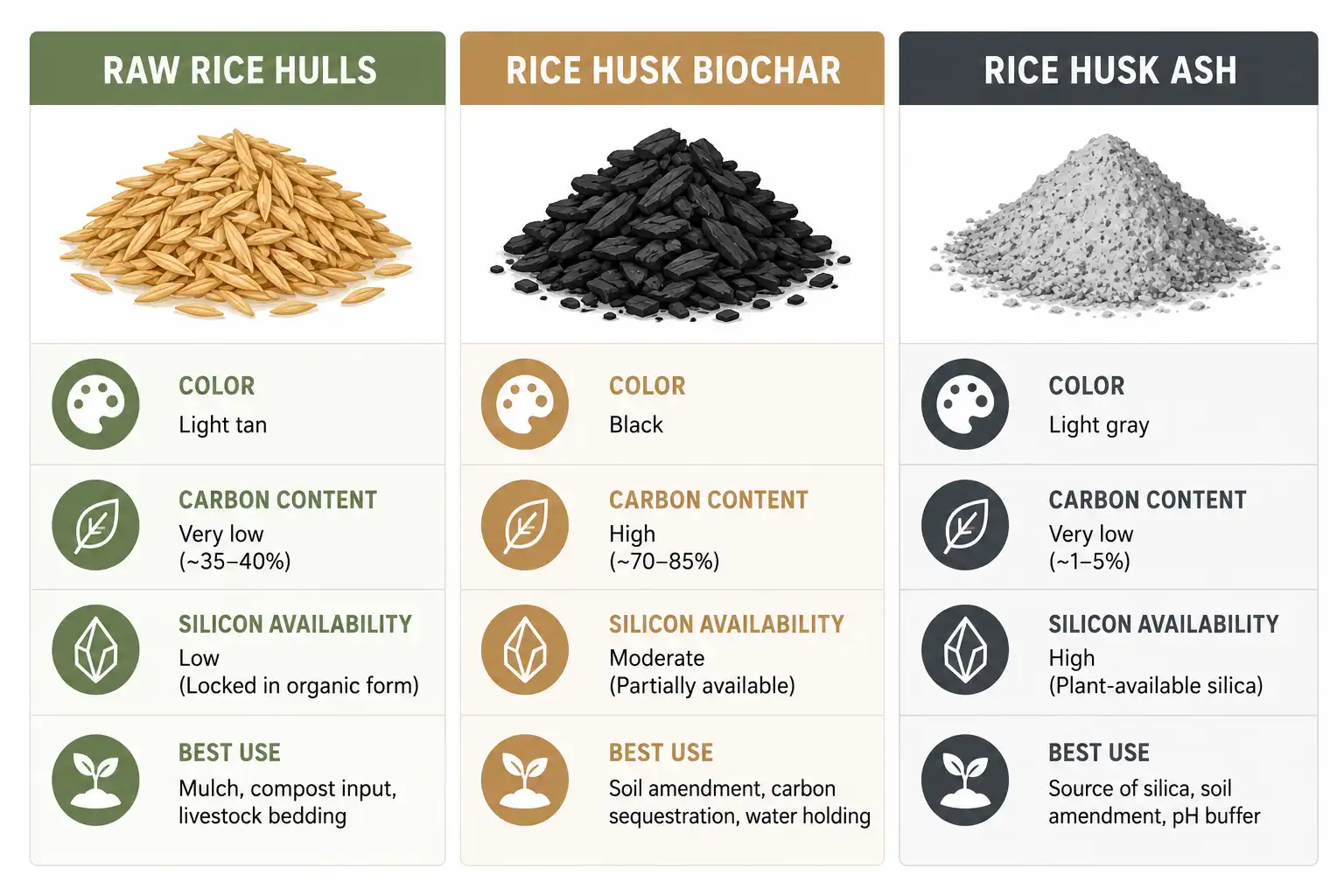Comparison chart of differences between raw rice hulls, rice husk biochar, and rice husk ash in color, carbon, silicon availability, and best use
