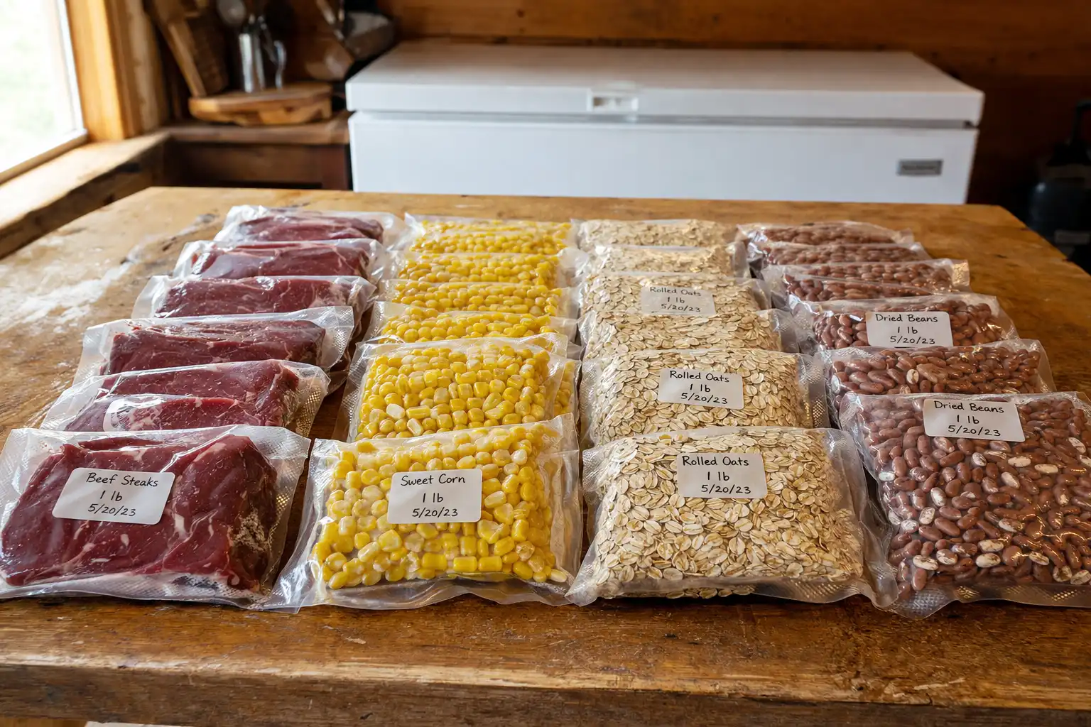 Labeled vacuum sealed bags of beef, sweet corn, rolled oats and dried beans on a farm kitchen counter, portioned and dated before going into the freezer
