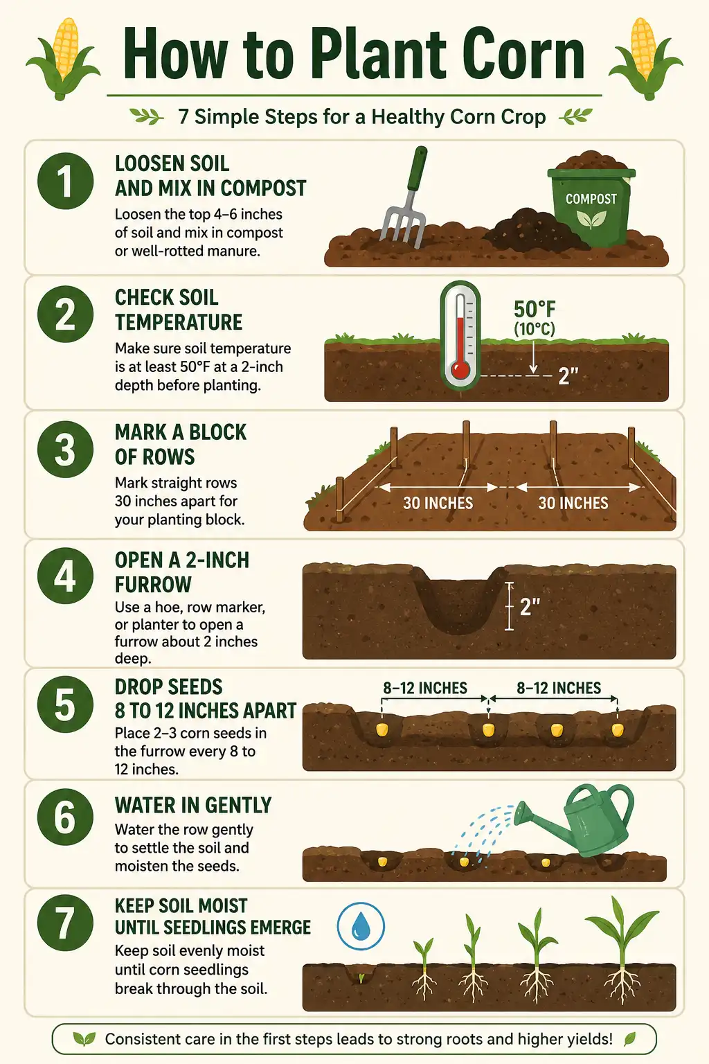 Step-by-step infographic on how to plant corn, from soil prep and the 50°F check to seed depth, spacing, and watering