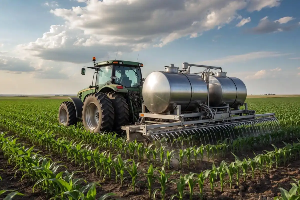 Sidedress applicator injecting UAN liquid nitrogen between corn rows at the V6 growth stage