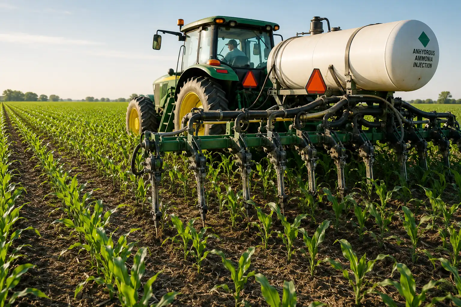 Farmer sidedressing nitrogen on knee-high corn at V6, a split nitrogen application per acre.