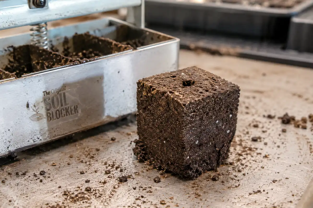 Free-standing soil block beside a soil blocker of the cube acts as both pot and growing medium