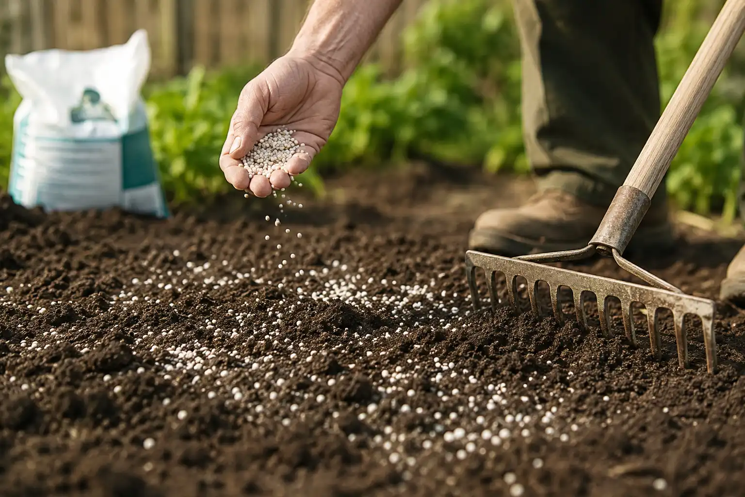 Gardener spreading granular 10-10-10 fertilizer and raking it into garden soil before watering in