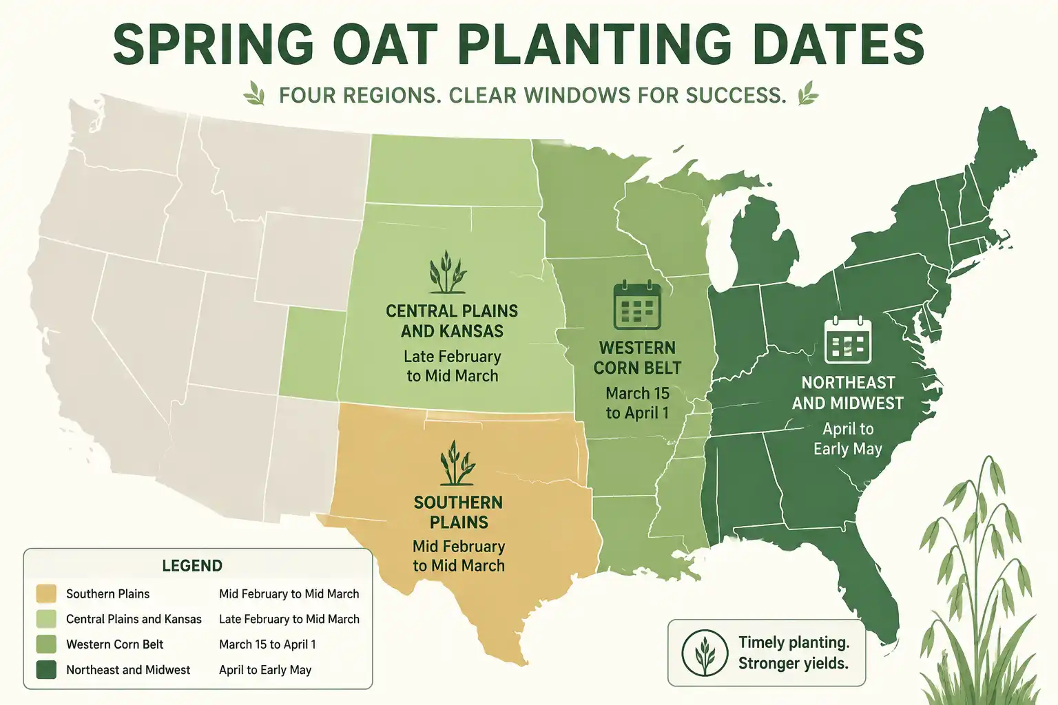 United States map of regional spring planting windows for oat hay, from mid February in the Southern Plains to early May in the Northeast