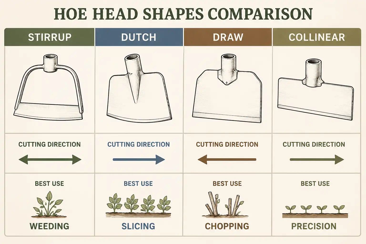 Comparison chart of stirrup, Dutch, draw, and collinear hoes of blade shape and cutting direction