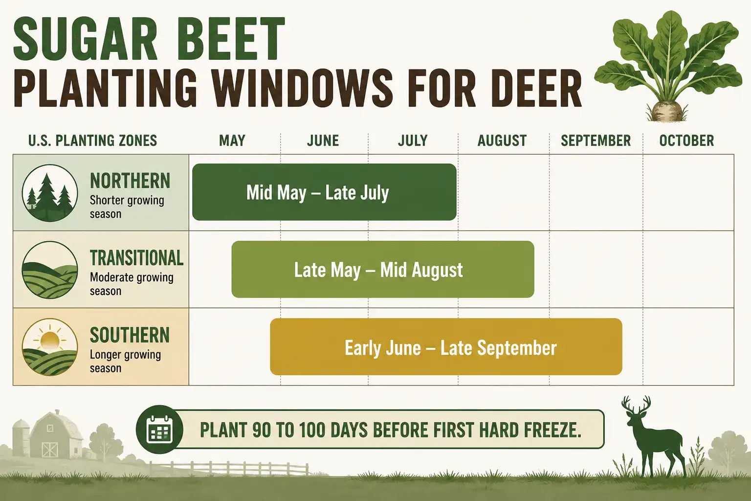 Sugar beet planting windows for deer by northern transitional and southern zone with a 90 to 100 day frost countback