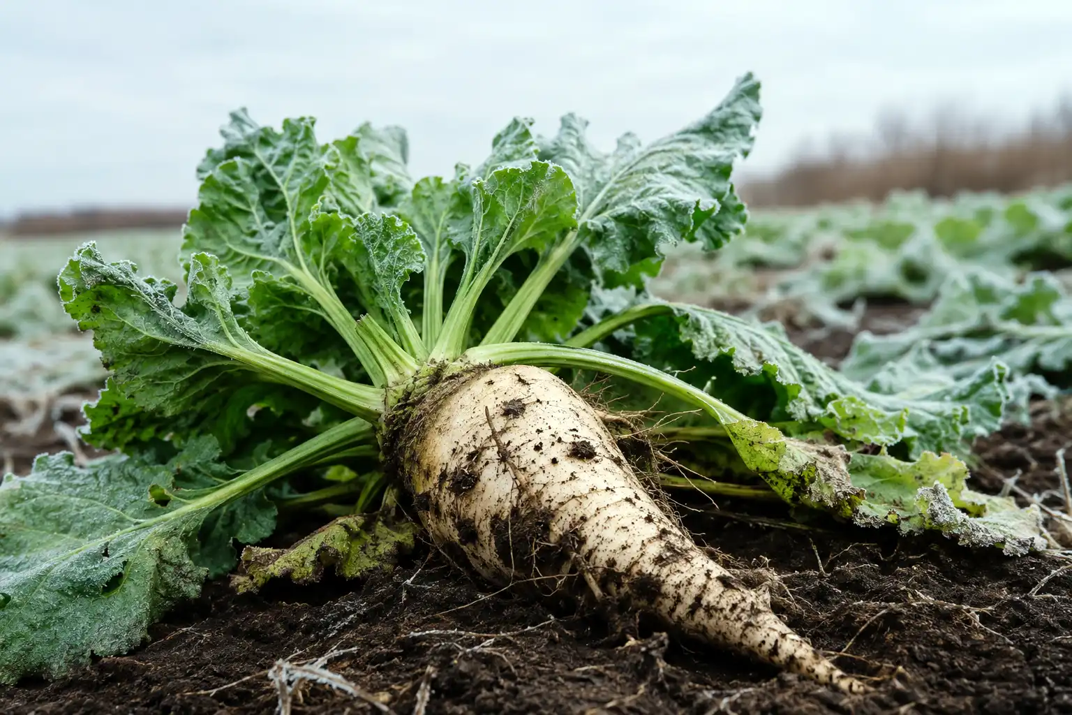 Sugar beet white taproot and green tops that deer browse and dig in a frost sweetened fall food plot