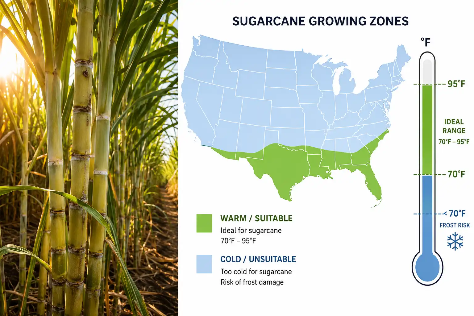 Infographic about whether sugarcane can grow in cold climates with a US map of warm sugar zones and a frost temperature limit