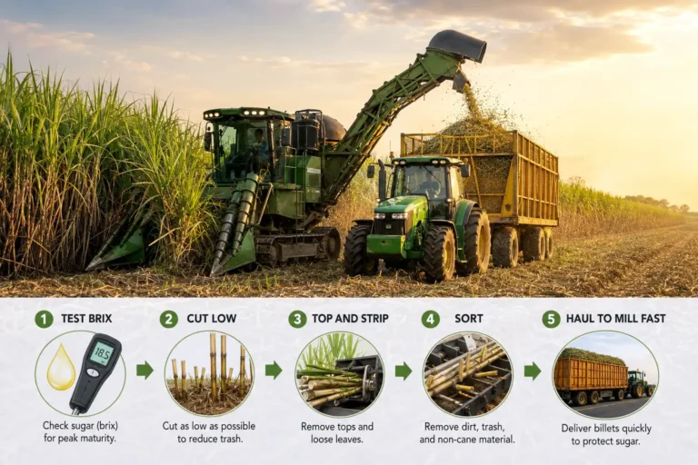 Infographic of how to harvest sugarcane: test Brix, cut the stalk low, top and strip it, then haul billets to the mill.