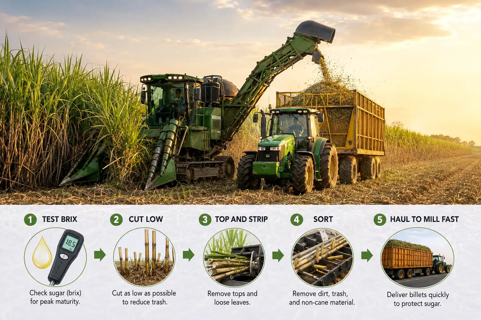 Infographic of how to harvest sugarcane: test Brix, cut the stalk low, top and strip it, then haul billets to the mill.