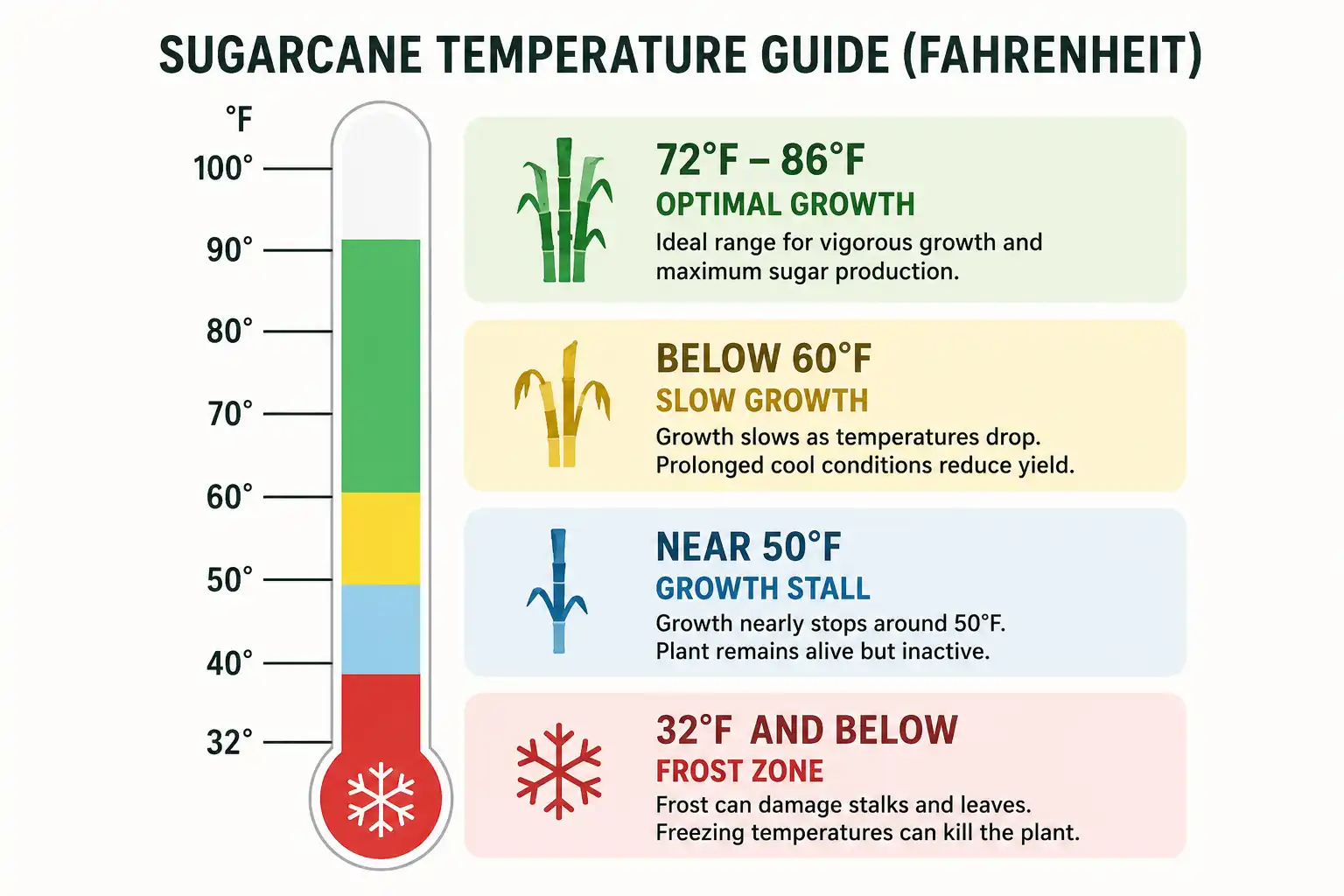 Infographic of sugarcane temperature needs about optimal growth, slow growth, stall point, and frost damage in Fahrenheit