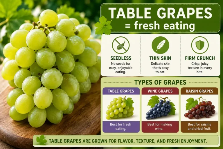 table grapes are, bred for fresh eating with thin skin and firm seedless flesh