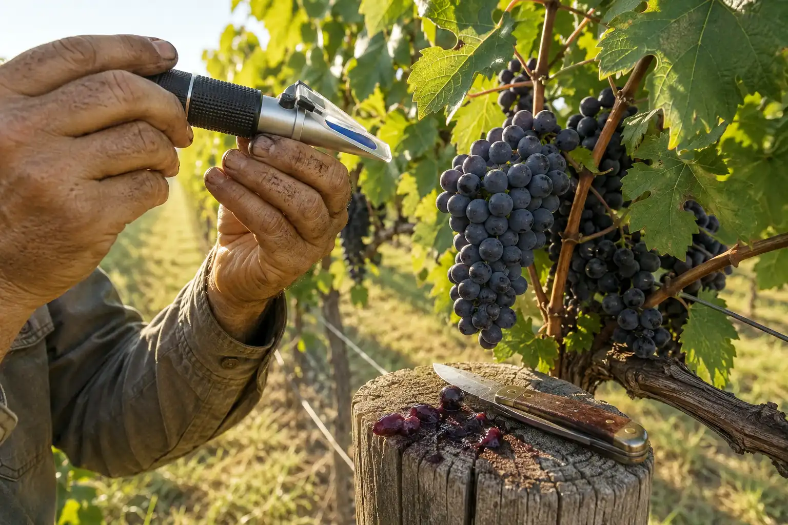 Testing ripe grapes for sugar with a refractometer to know when grapes are ready to harvest